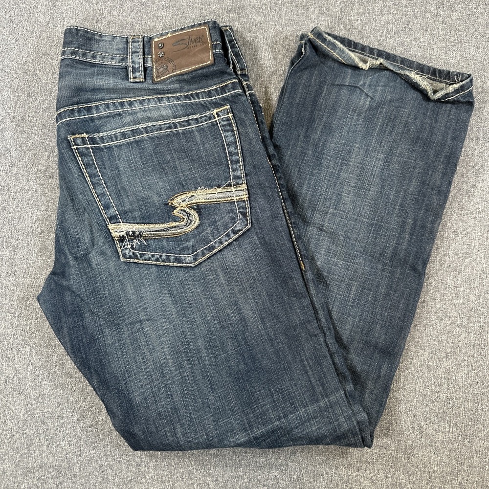 Silver Jeans Gordie Bootcut Jeans Mens 34x34 Blue Distressed Fade Denim